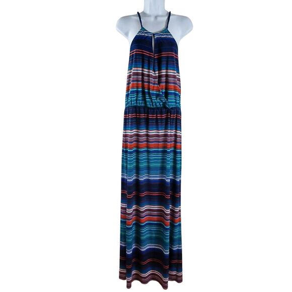 Bisou Maxi Long Dress Sz 14 Southwestern Stripe Boho Festival Halter Slit Bodice - Picture 3 of 8